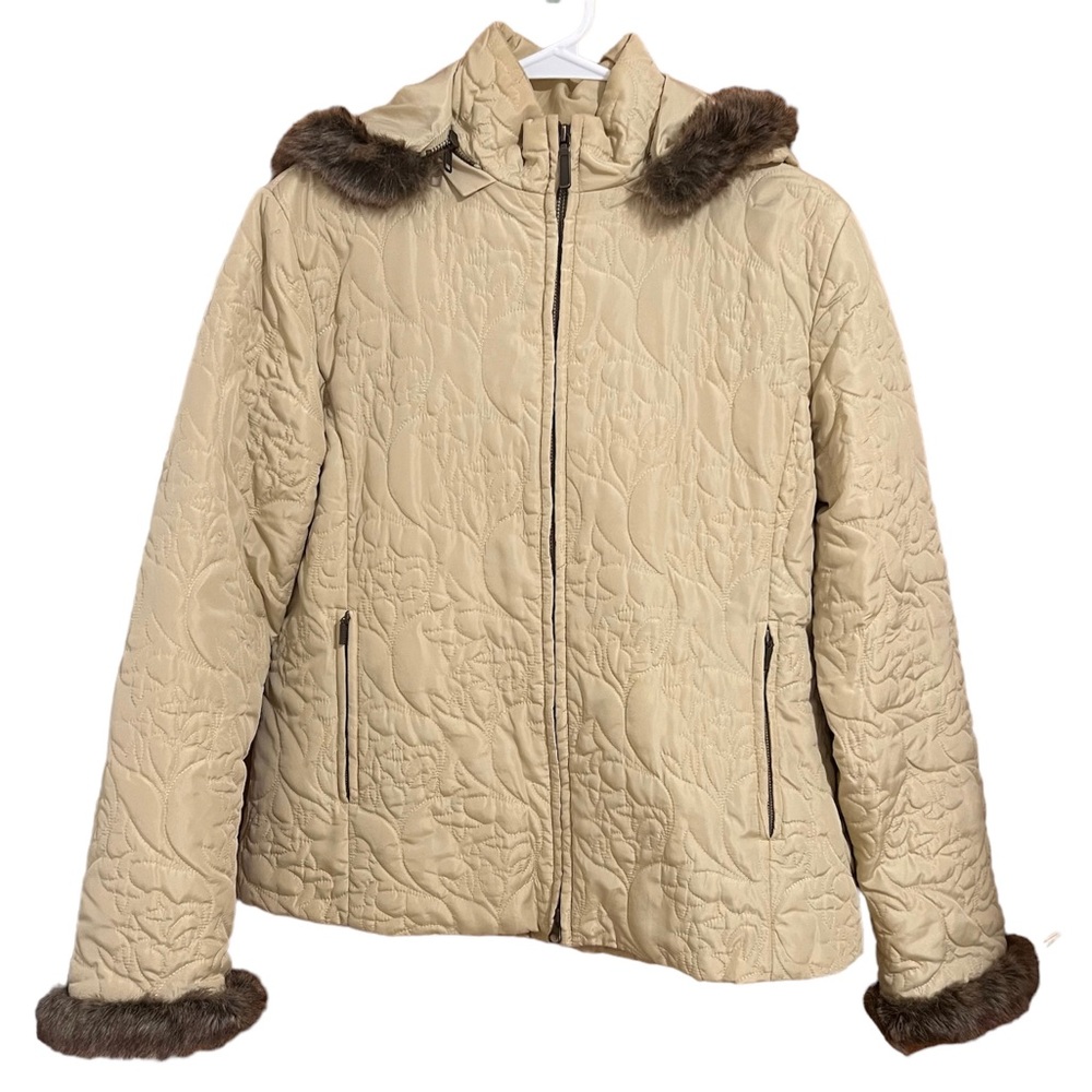 SOLD CAbi Yellow Quilted Jacket with Fur Trim